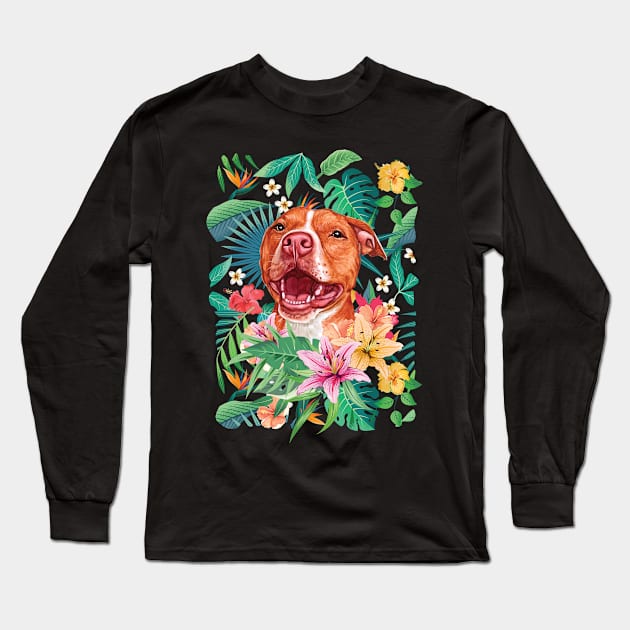 Tropical Red Pit Bull Pitbull 2 Long Sleeve T-Shirt by LulululuPainting